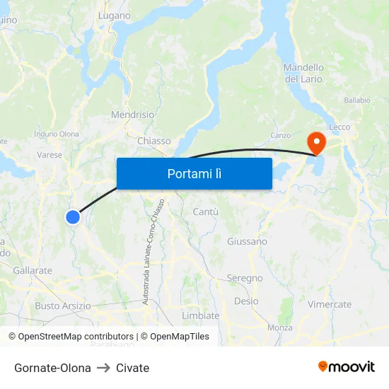 Gornate-Olona to Civate map