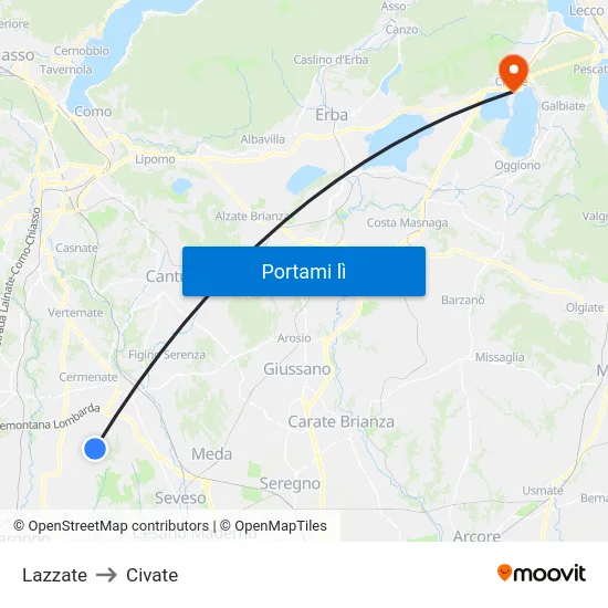 Lazzate to Civate map