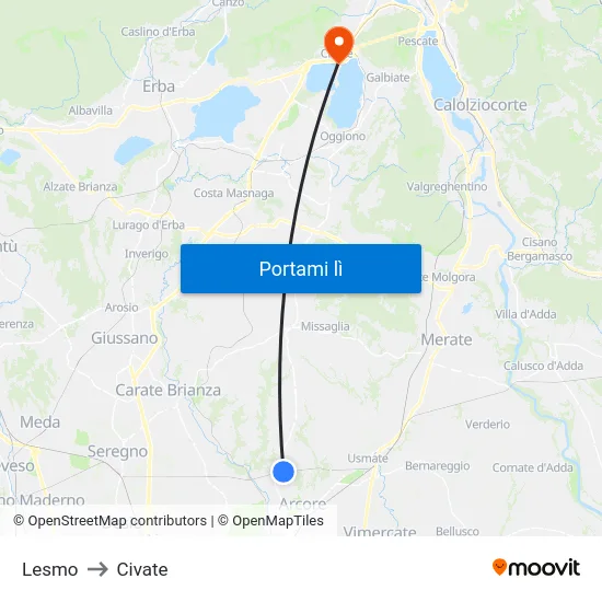 Lesmo to Civate map