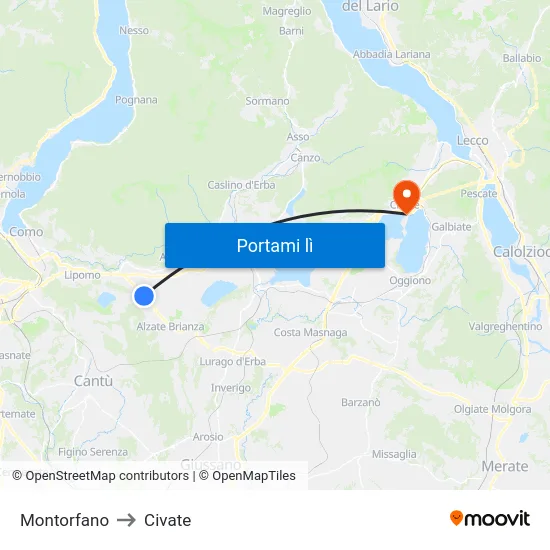 Montorfano to Civate map