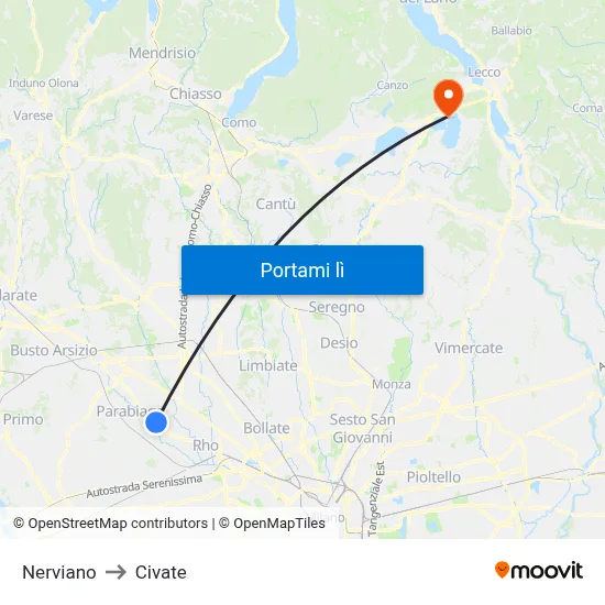 Nerviano to Civate map