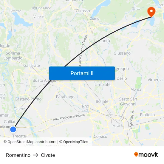 Romentino to Civate map