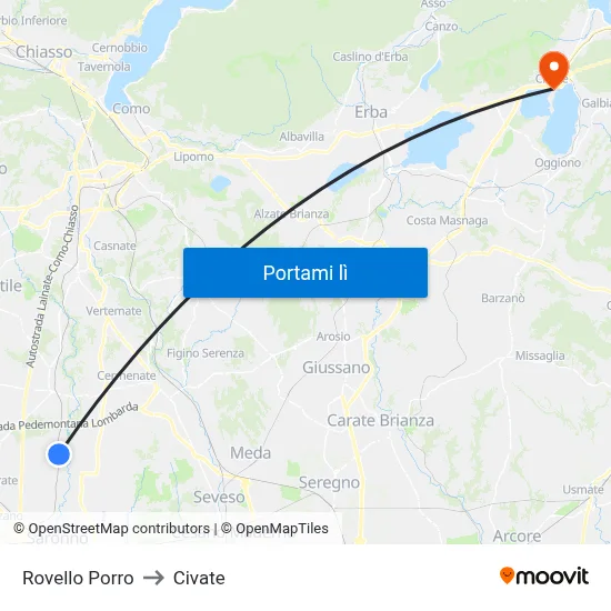 Rovello Porro to Civate map