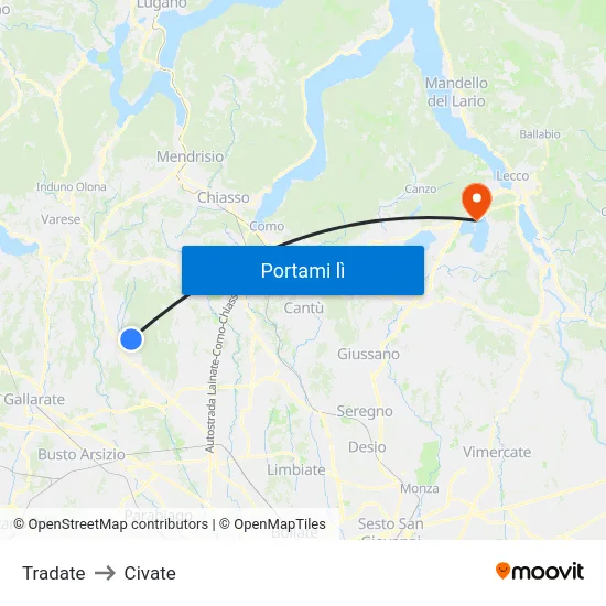 Tradate to Civate map