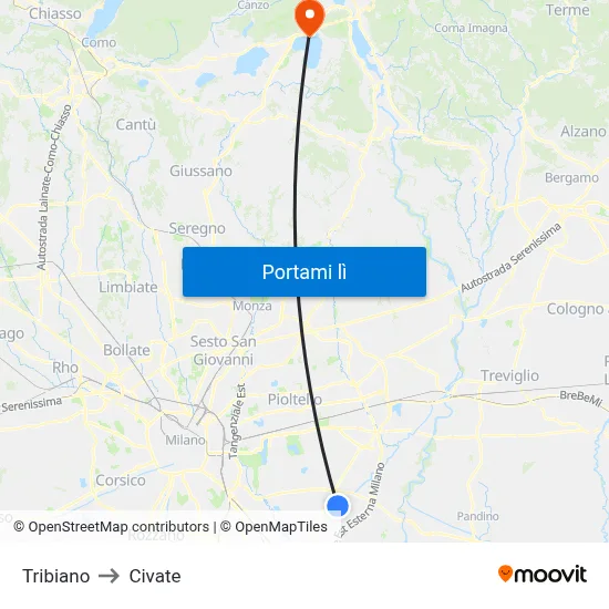 Tribiano to Civate map