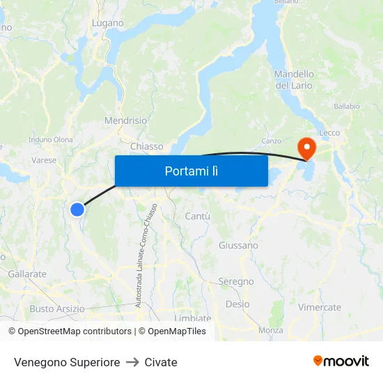 Venegono Superiore to Civate map