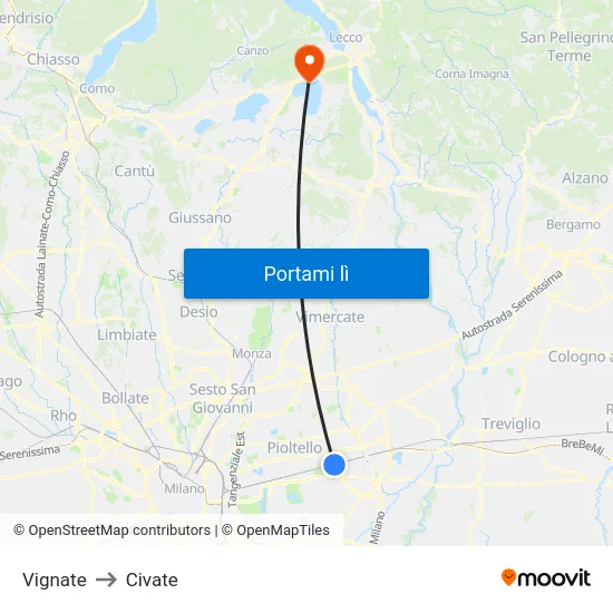 Vignate to Civate map