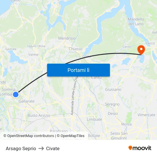 Arsago Seprio to Civate map