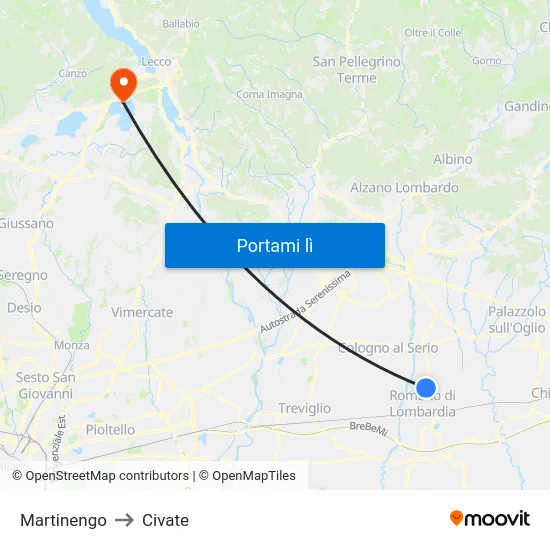 Martinengo to Civate map