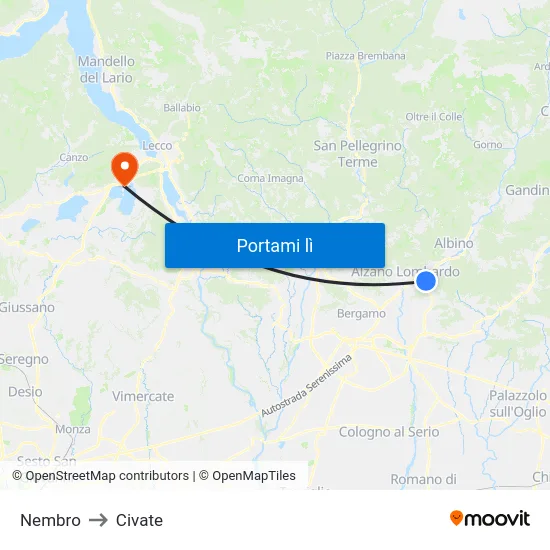 Nembro to Civate map