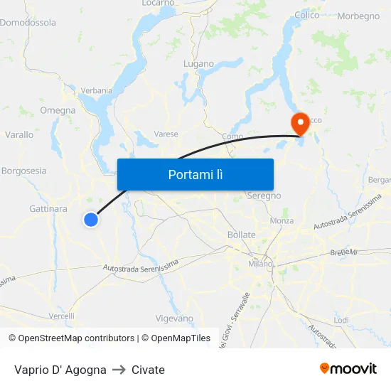 Vaprio D' Agogna to Civate map