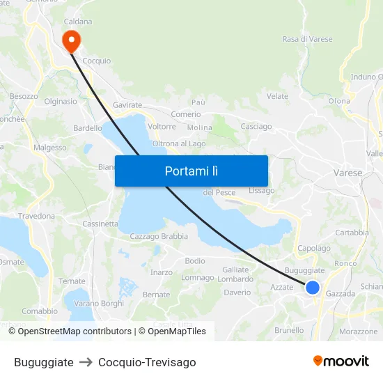 Buguggiate to Cocquio-Trevisago map