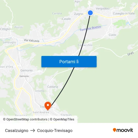 Casalzuigno to Cocquio-Trevisago map