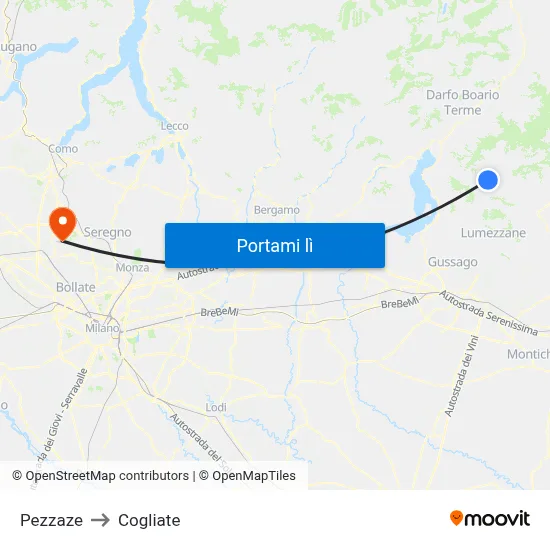 Pezzaze to Cogliate map