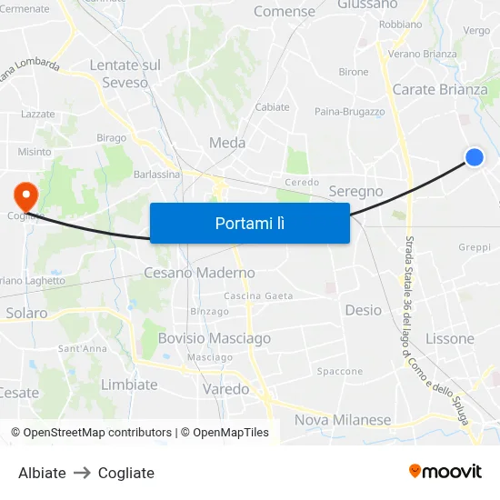 Albiate to Cogliate map