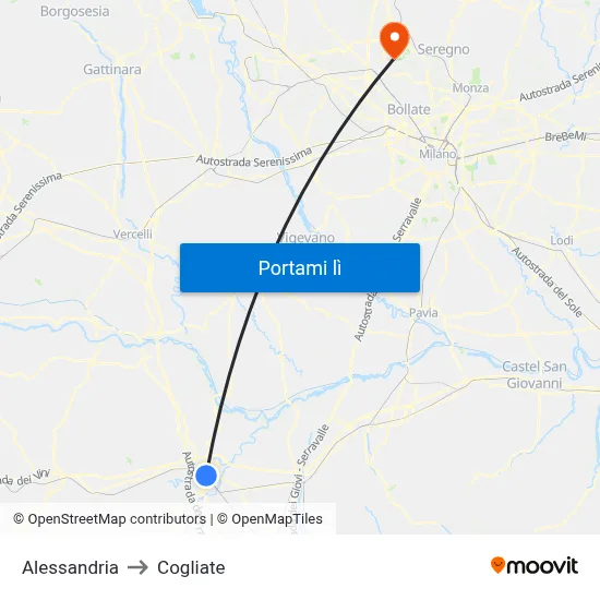 Alessandria to Cogliate map
