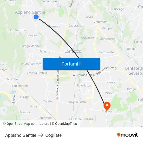Appiano Gentile to Cogliate map