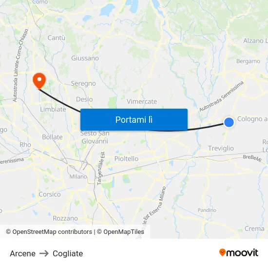 Arcene to Cogliate map
