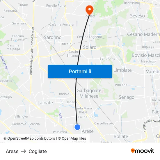 Arese to Cogliate map