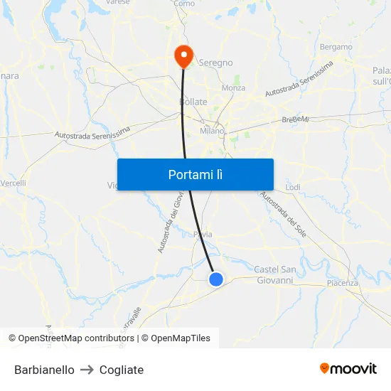 Barbianello to Cogliate map