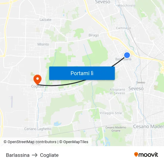 Barlassina to Cogliate map
