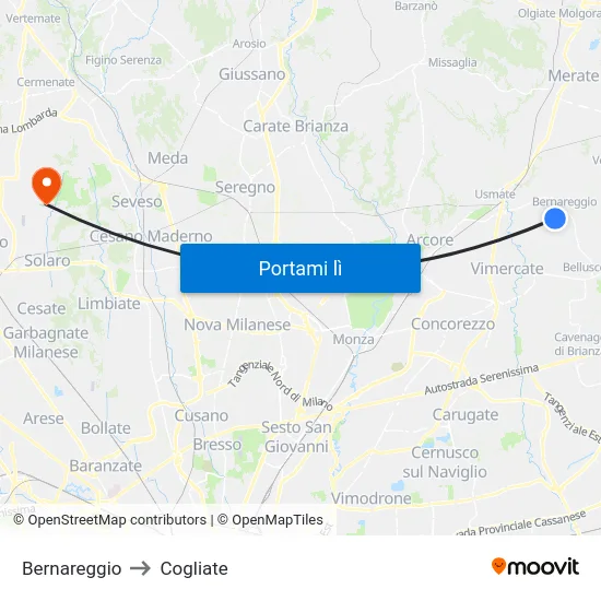 Bernareggio to Cogliate map