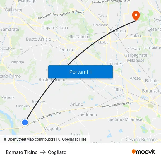 Bernate Ticino to Cogliate map