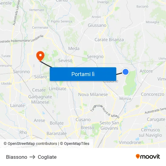 Biassono to Cogliate map