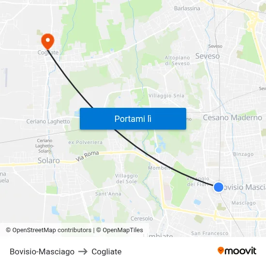 Bovisio-Masciago to Cogliate map