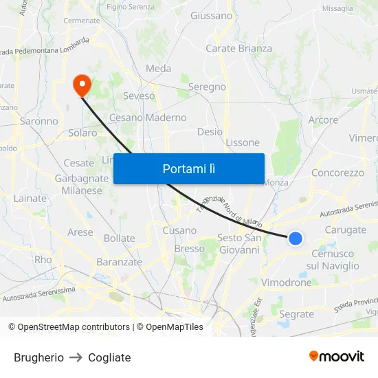 Brugherio to Cogliate map