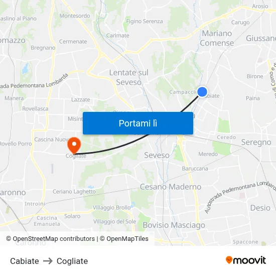 Cabiate to Cogliate map