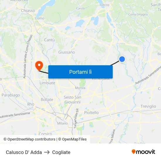 Calusco D' Adda to Cogliate map
