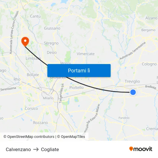 Calvenzano to Cogliate map
