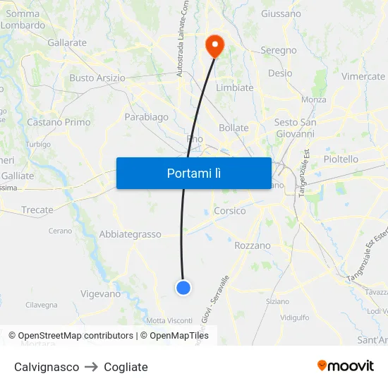 Calvignasco to Cogliate map