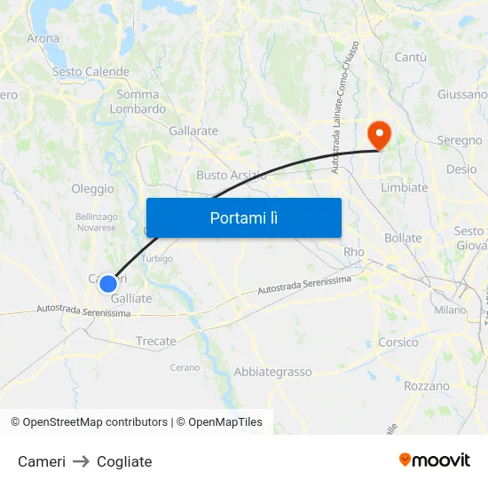 Cameri to Cogliate map