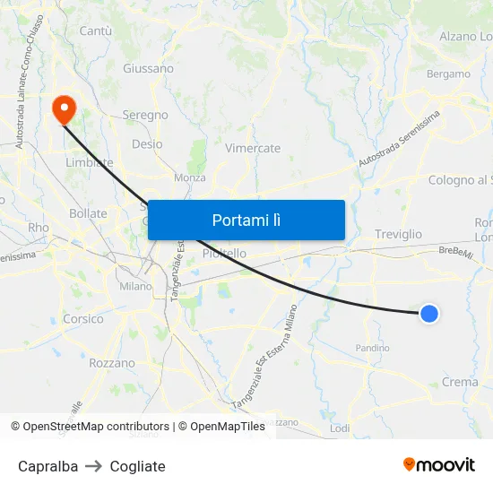 Capralba to Cogliate map