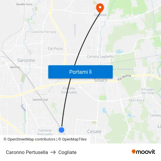 Caronno Pertusella to Cogliate map