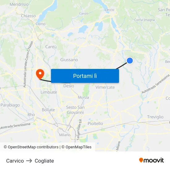 Carvico to Cogliate map