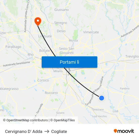 Cervignano D' Adda to Cogliate map