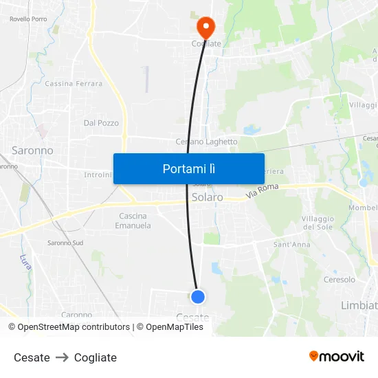 Cesate to Cogliate map