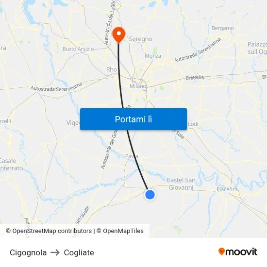 Cigognola to Cogliate map