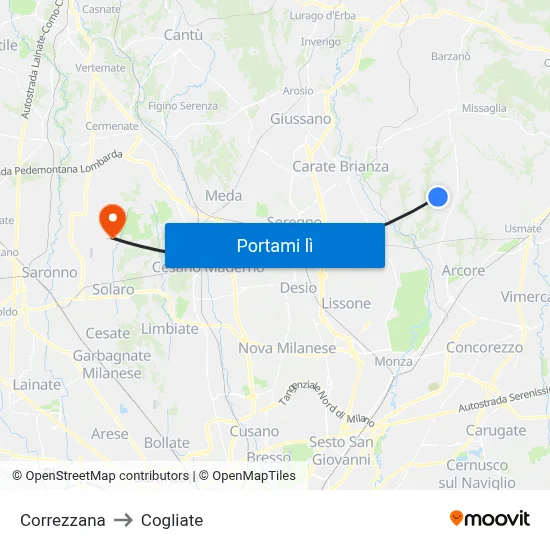 Correzzana to Cogliate map