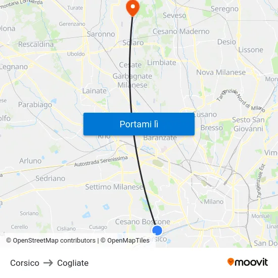 Corsico to Cogliate map