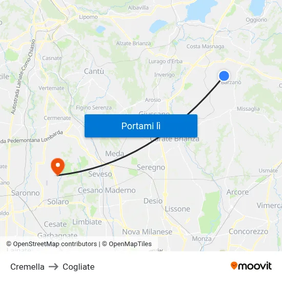 Cremella to Cogliate map