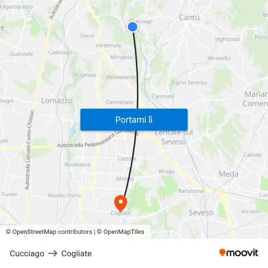 Cucciago to Cogliate map