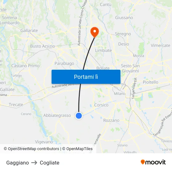 Gaggiano to Cogliate map