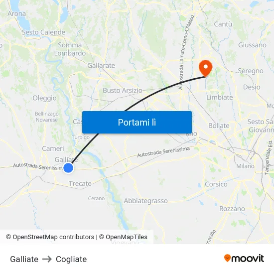Galliate to Cogliate map