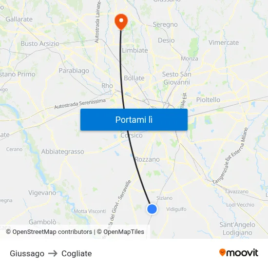 Giussago to Cogliate map