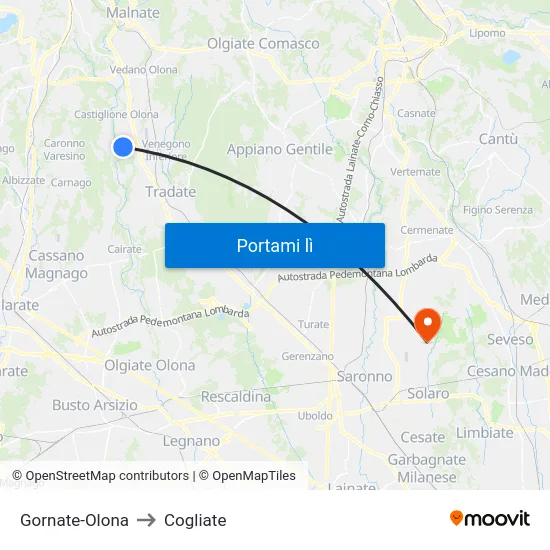 Gornate-Olona to Cogliate map