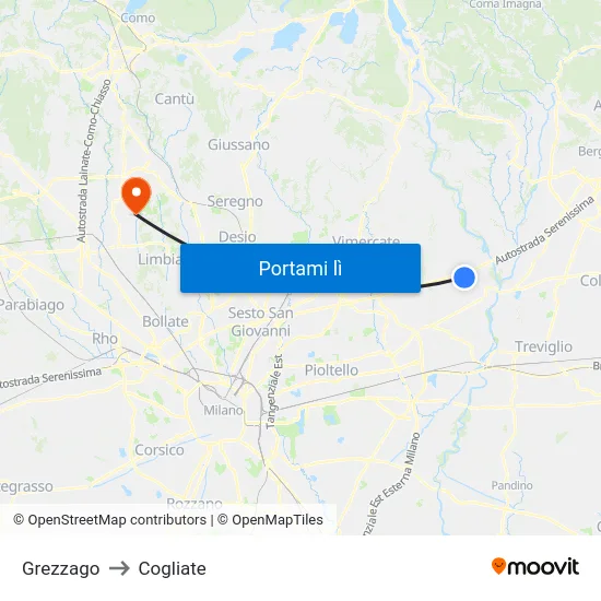 Grezzago to Cogliate map
